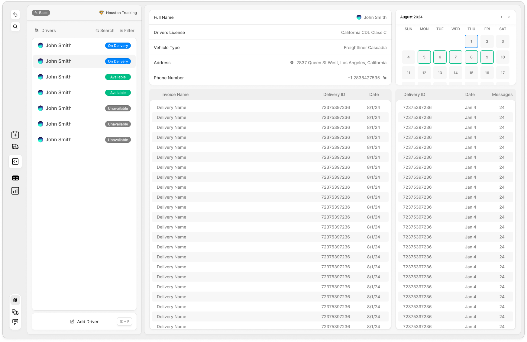 Dashboard showing a list of drivers and their scheduled deliveries for the day